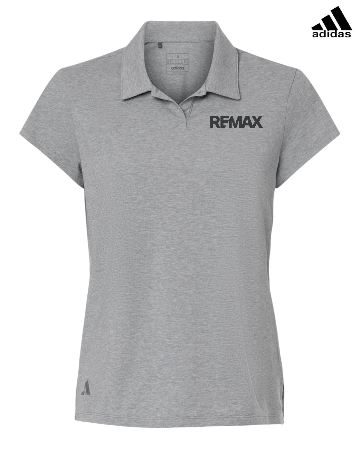Gray polo shirt with REMAX logo on a white background, featuring Adidas branding.