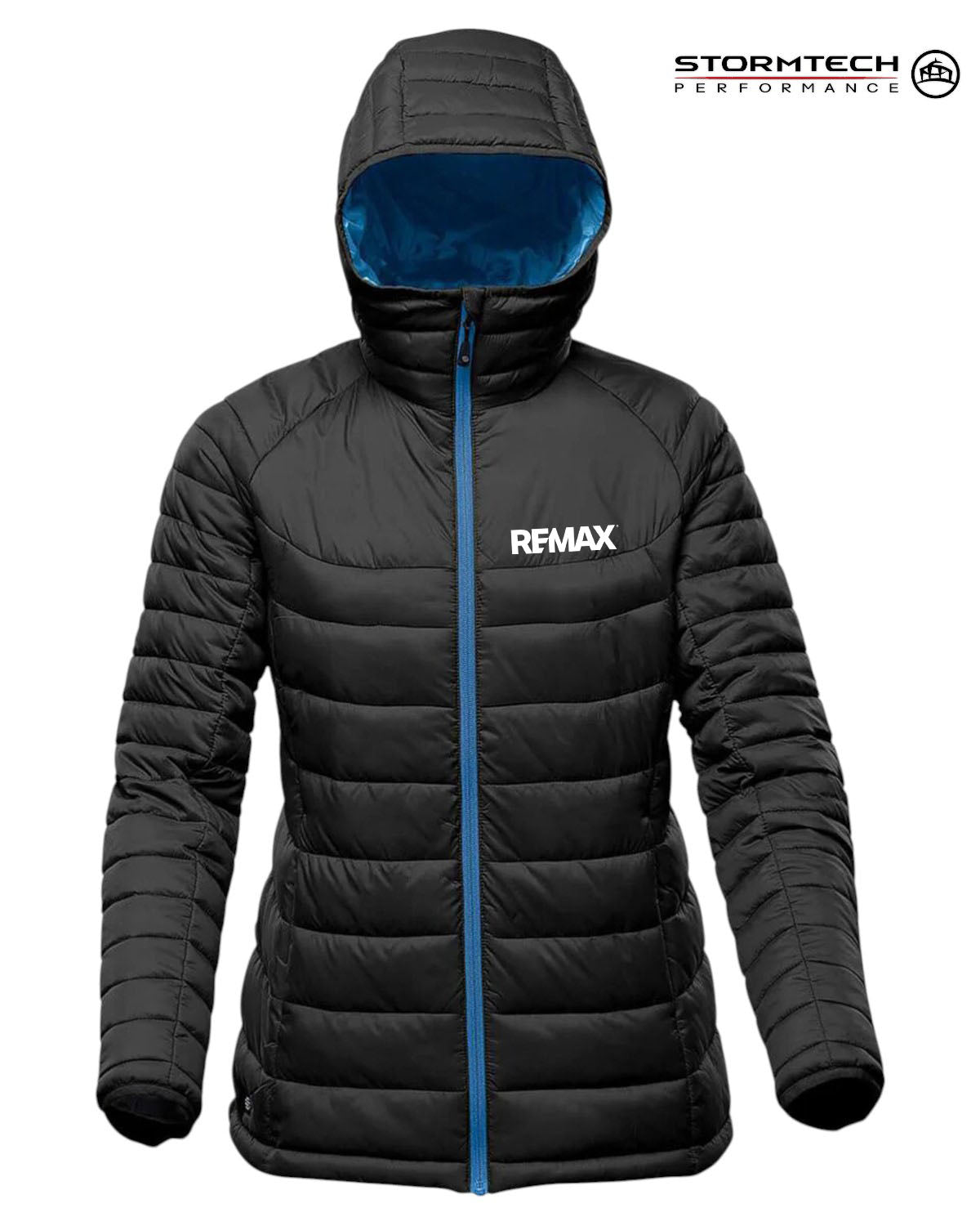 A black hooded puffer jacket with a bright blue interior hood lining and a matching blue front zipper. The jacket features the white REMAX logo on the left chest and the Stormtech Performance logo in the top right corner, set against a plain white background.