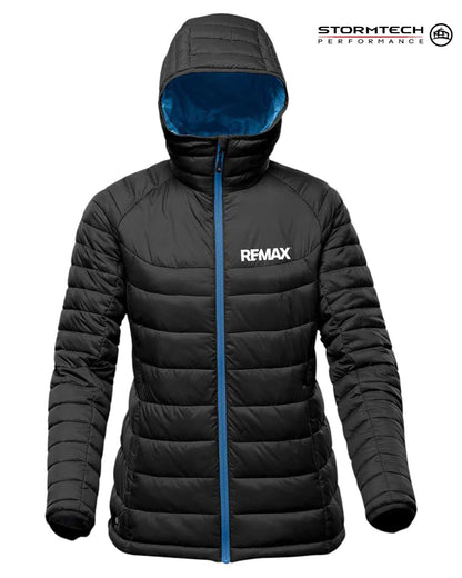 A black hooded puffer jacket with a bright blue interior hood lining and a matching blue front zipper. The jacket features the white REMAX logo on the left chest and the Stormtech Performance logo in the top right corner, set against a plain white background.