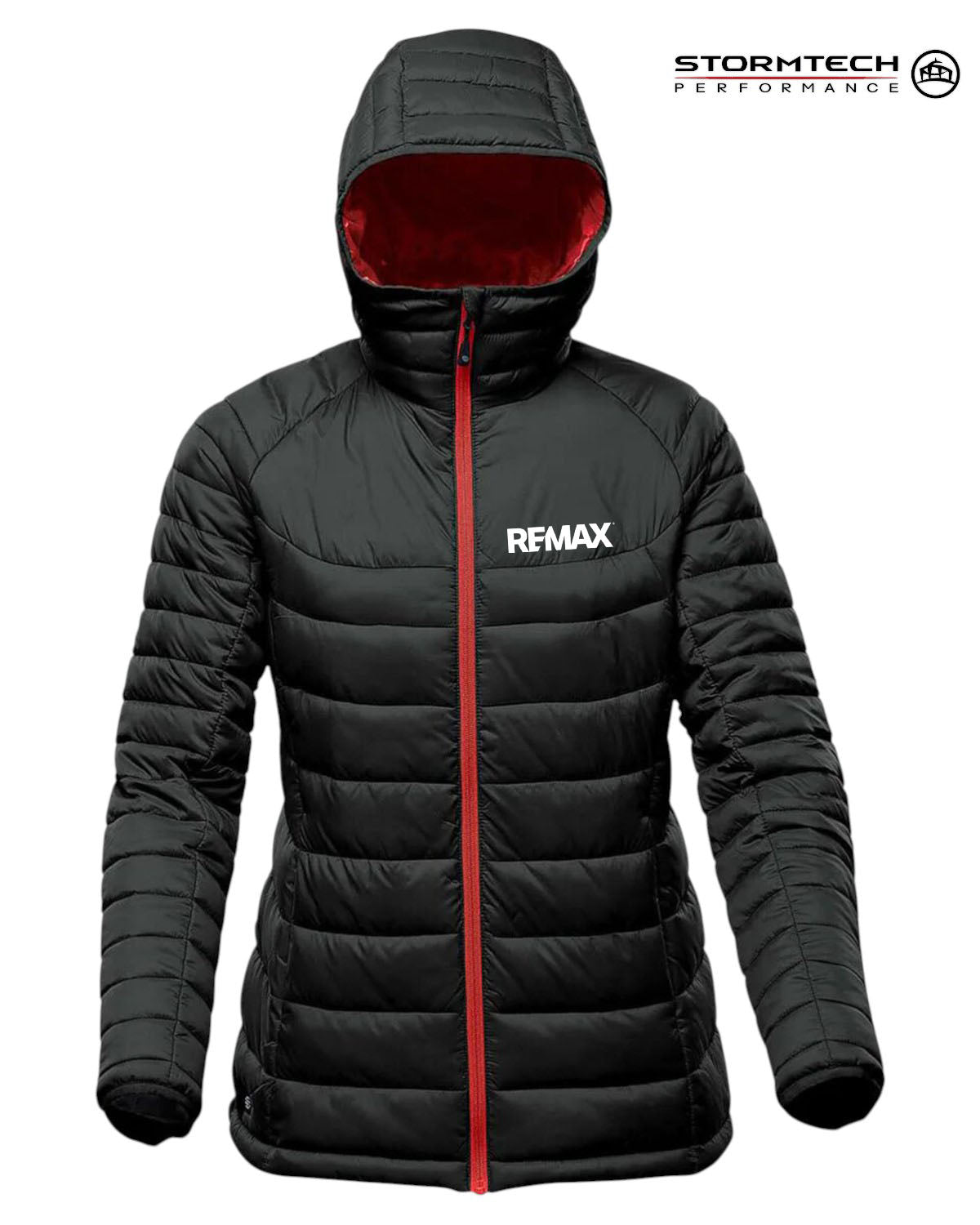 A black hooded puffer jacket with a red zipper and a red interior hood lining, featuring the white 'REMAX' logo on the left chest. The 'STORMTECH PERFORMANCE' logo is visible in the top right corner.
