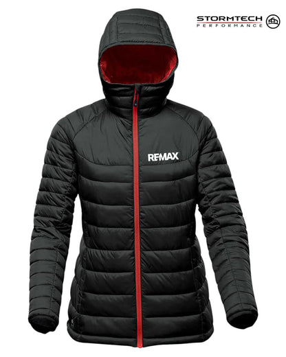A black hooded puffer jacket with a red zipper and a red interior hood lining, featuring the white 'REMAX' logo on the left chest. The 'STORMTECH PERFORMANCE' logo is visible in the top right corner.