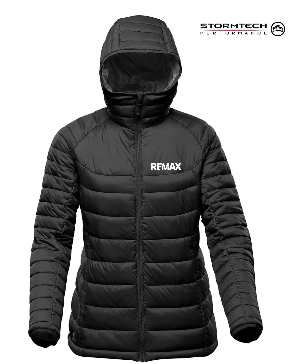 A black hooded puffer jacket with horizontal quilting, featuring a white 'RFMAX' logo on the left chest and a 'STORMTECH PERFORMANCE' badge on the top right, shown against a plain white background.
