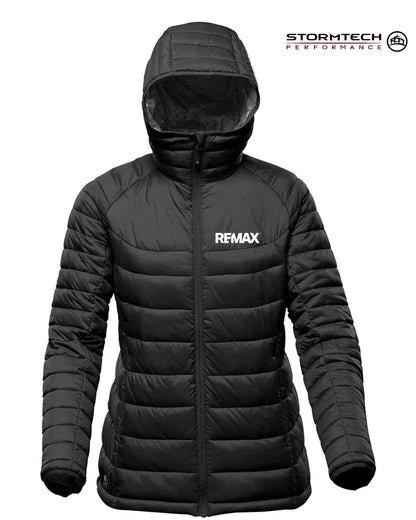 A black hooded puffer jacket with horizontal quilting, featuring a white 'RFMAX' logo on the left chest and a 'STORMTECH PERFORMANCE' badge on the top right, shown against a plain white background.