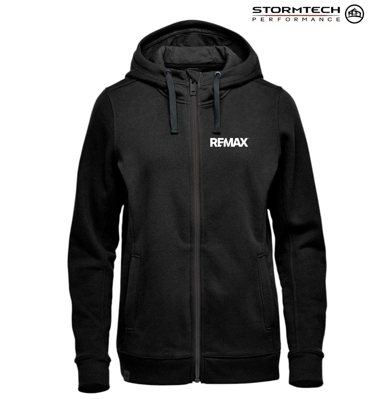 Black hoodie with 'REMAX' logo on a white background, featuring Stormtech Performance branding.