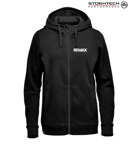 Black hoodie with 'REMAX' logo on a white background, featuring Stormtech Performance branding.