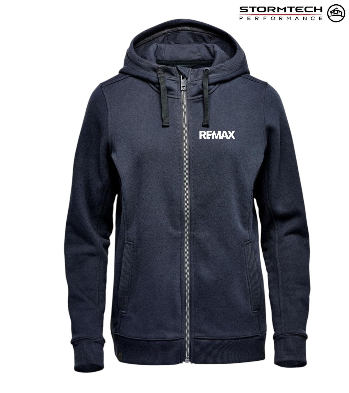 Navy hoodie with 'REMAX' logo on a white background, featuring Stormtech Performance branding.