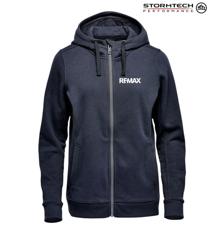 Navy hoodie with 'REMAX' logo on a white background, featuring Stormtech Performance branding.