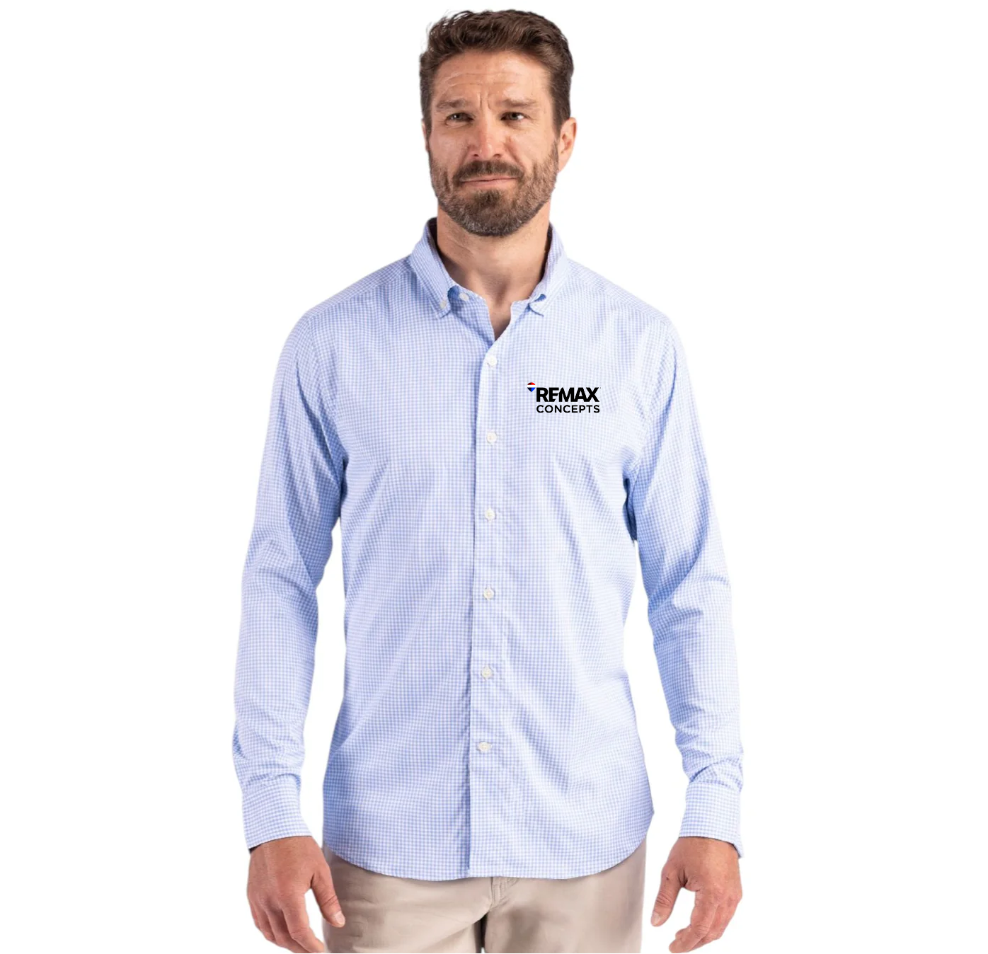 A man wearing a light blue and white micro-check patterned button-down shirt with a black 'REFMAX CONCEPTS' logo on the left chest, paired with khaki pants, against a plain white background.