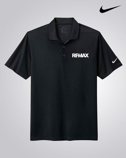 A black Nike polo shirt with 'RFMAX' printed in white on the left chest and a white Nike swoosh on the right sleeve, displayed against a light gray background with a black Nike swoosh logo in the top right corner.