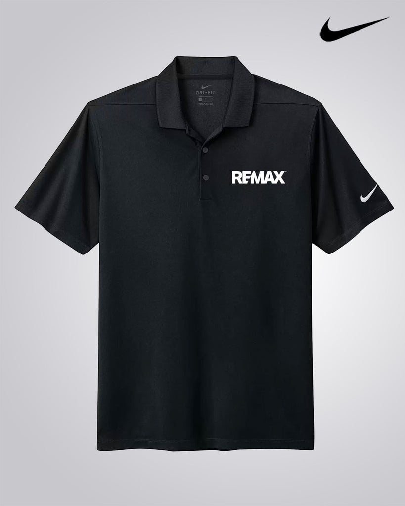 A black Nike polo shirt with 'RFMAX' printed in white on the left chest and a white Nike swoosh on the right sleeve, displayed against a light gray background with a black Nike swoosh logo in the top right corner.