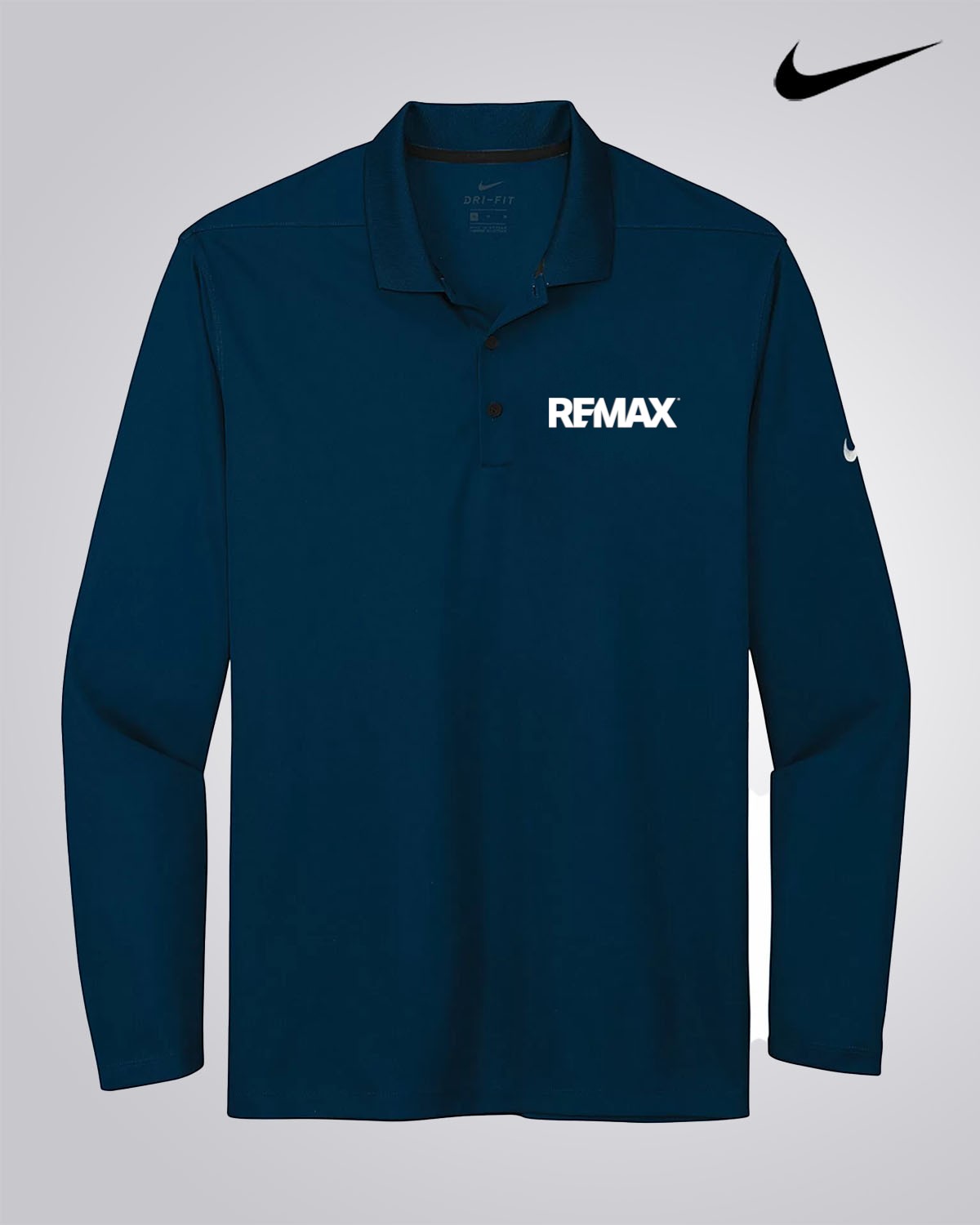 A dark navy long-sleeve polo shirt with 'REMAX' printed in white on the left chest, featuring a white Nike swoosh on the right sleeve and a black Nike swoosh logo in the top right corner of the image, set against a light gray background.