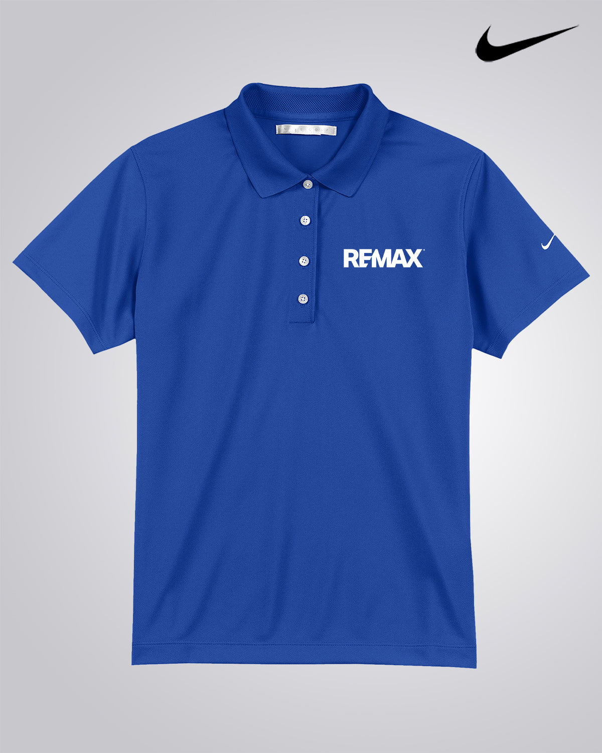 A royal blue short-sleeve polo shirt with 'REMAX' printed in white on the chest and a white Nike swoosh on the sleeve, displayed on a light gray gradient background with a black Nike swoosh logo in the top right corner.
