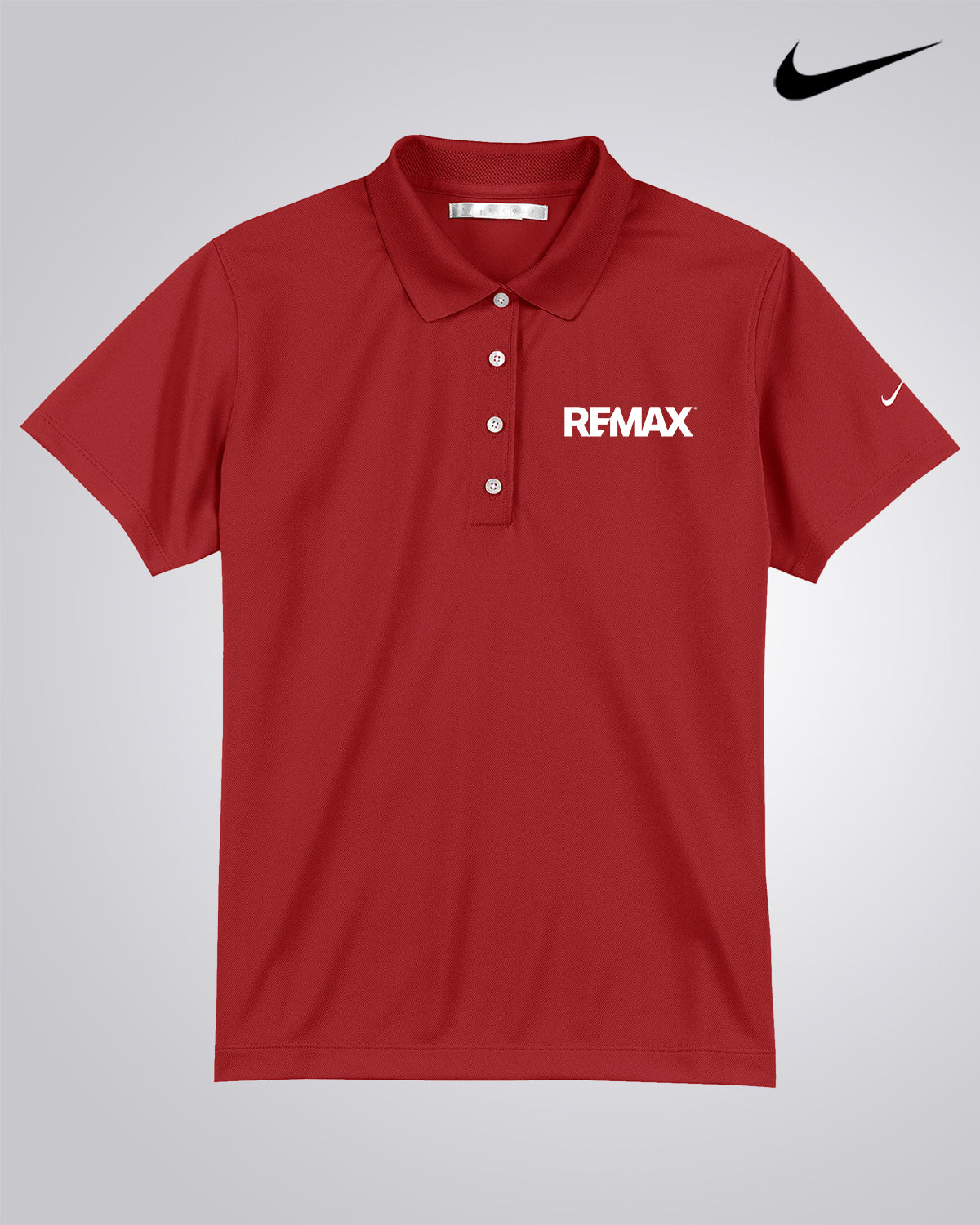 A red short-sleeve polo shirt with a three-button placket, featuring 'REMAX' printed in white on the left chest and a small white Nike swoosh on the right sleeve. A larger black Nike swoosh is shown in the top right corner of the image.