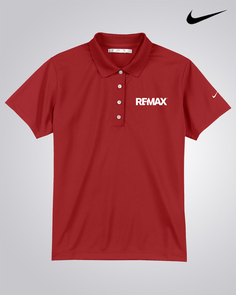 A red short-sleeve polo shirt with a three-button placket, featuring 'REMAX' printed in white on the left chest and a small white Nike swoosh on the right sleeve. A larger black Nike swoosh is shown in the top right corner of the image.
