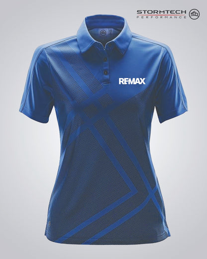 A blue short-sleeve collared athletic polo shirt with a geometric pattern and white 'REMAX' branding on the chest, shown on a light gray background with 'STORMTECH PERFORMANCE' text in the top right.