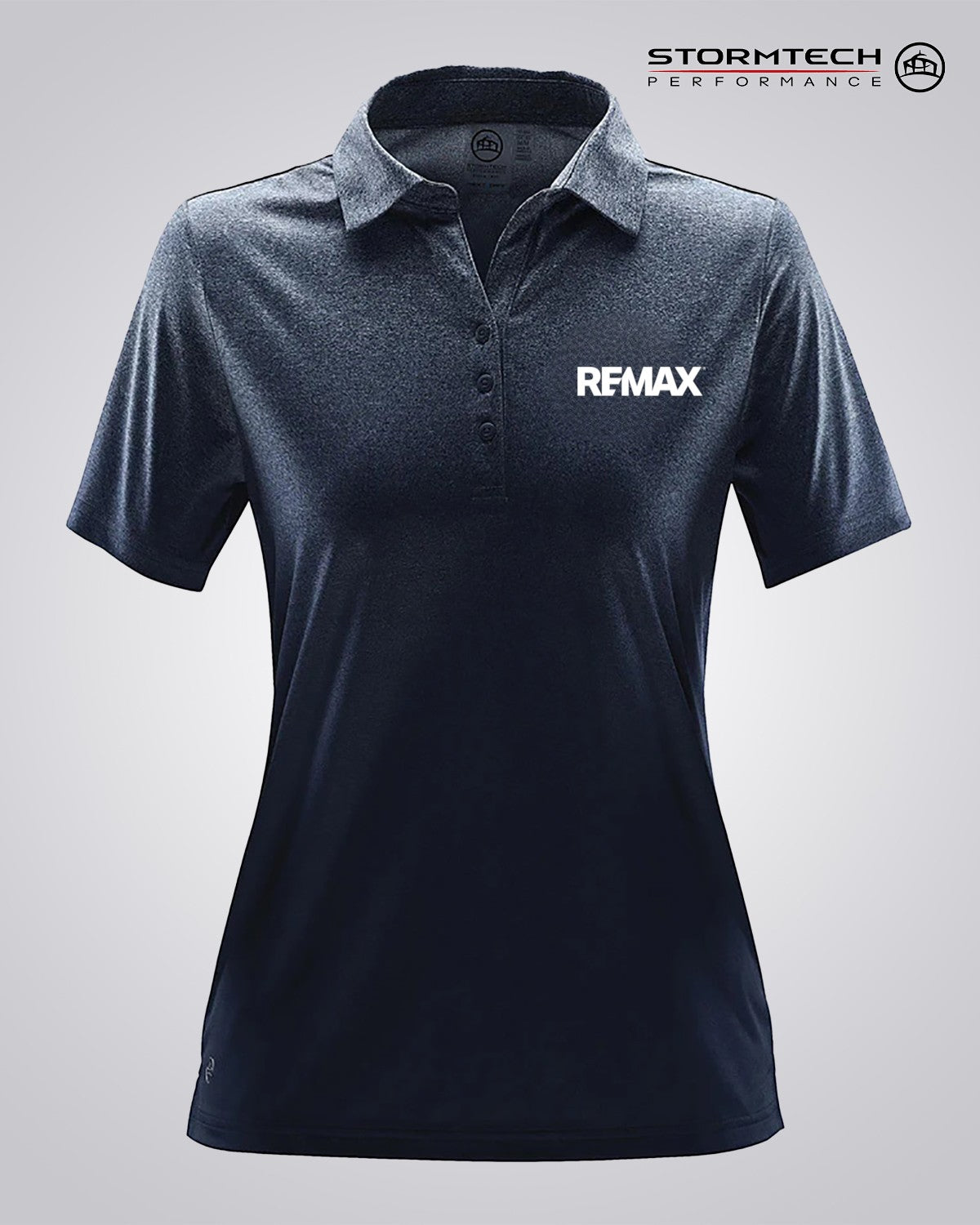 A women's short-sleeve polo shirt in dark navy blue with a heathered texture, featuring a white 'REMAX' logo on the left chest. The brand 'STORMTECH PERFORMANCE' is visible in the top right corner.