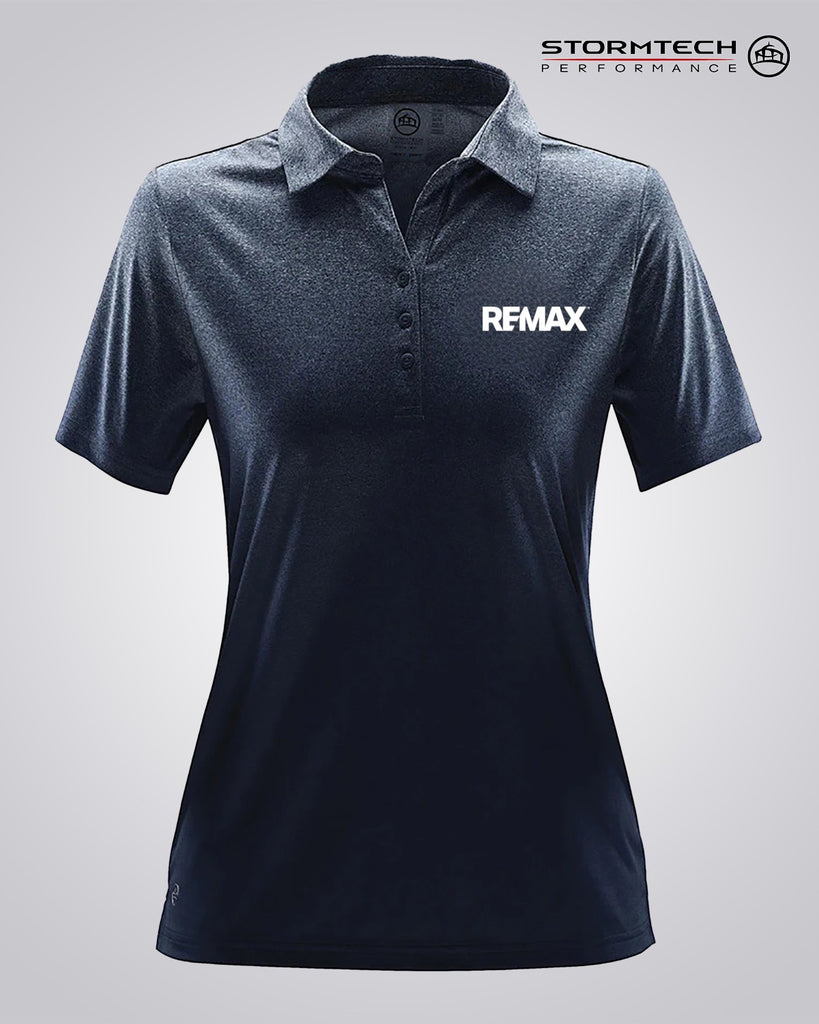 A women's short-sleeve polo shirt in dark navy blue with a heathered texture, featuring a white 'REMAX' logo on the left chest. The brand 'STORMTECH PERFORMANCE' is visible in the top right corner.