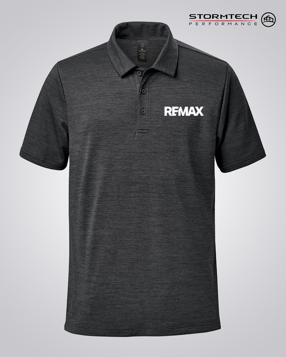 A dark gray heathered short-sleeve polo shirt with a white 'REMAX' logo printed on the left chest, displayed on a neutral light gray background. The brand 'STORMTECH PERFORMANCE' is visible in the top right corner.