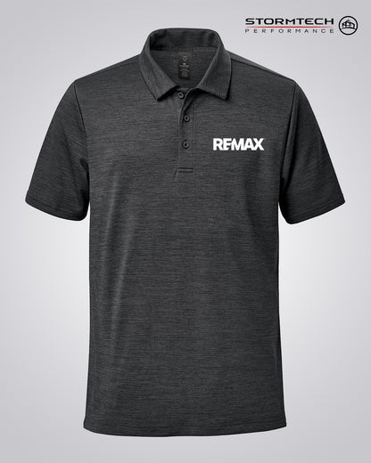 A dark gray heathered short-sleeve polo shirt with a white 'REMAX' logo printed on the left chest, displayed on a neutral light gray background. The brand 'STORMTECH PERFORMANCE' is visible in the top right corner.