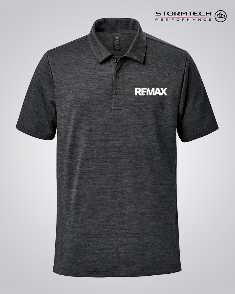 A dark gray heathered short-sleeve polo shirt with a white 'REMAX' logo printed on the left chest, displayed on a neutral light gray background. The brand 'STORMTECH PERFORMANCE' is visible in the top right corner.
