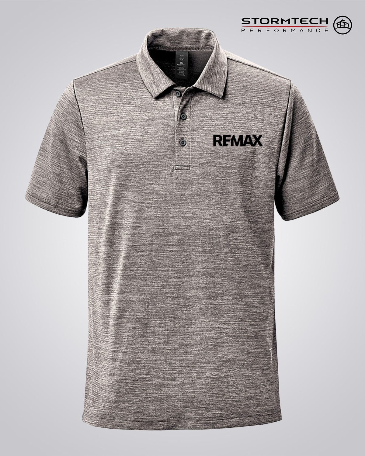 A heather gray short-sleeve polo shirt with a black REMAX logo on the left chest, displayed on a neutral light gray background with the Stormtech Performance logo in the top right corner.