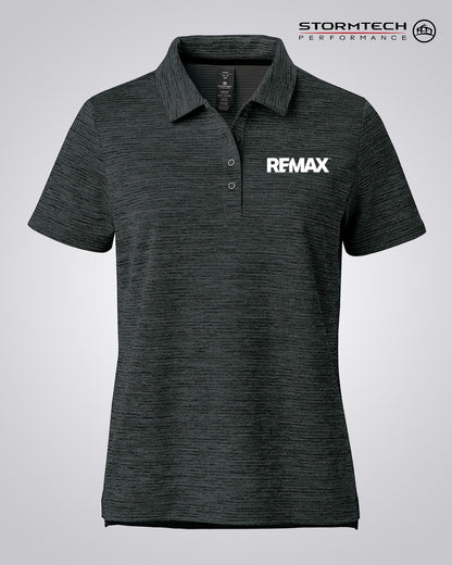 A dark heather gray short-sleeve polo shirt with a white REMAX logo on the left chest, displayed on a light gray gradient background with the Stormtech Performance logo in the top right corner.