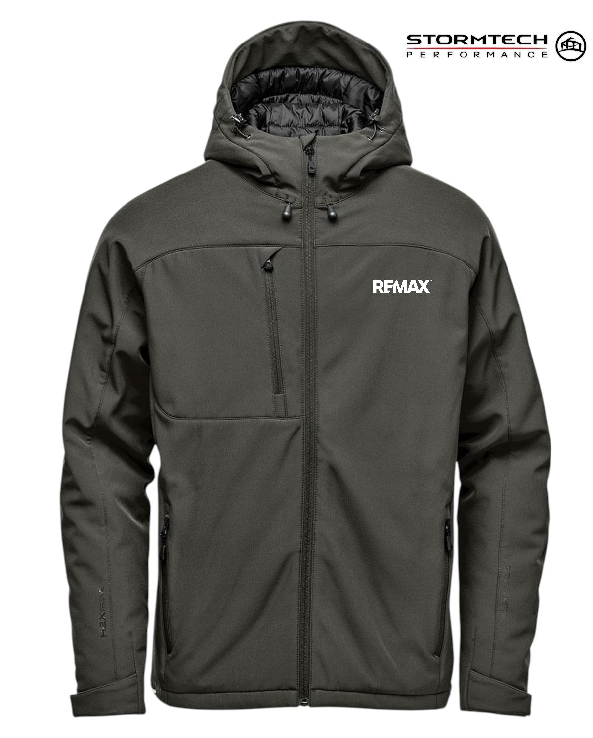 Dark gray jacket with Remax logo on a white background, featuring Stormtech branding.
