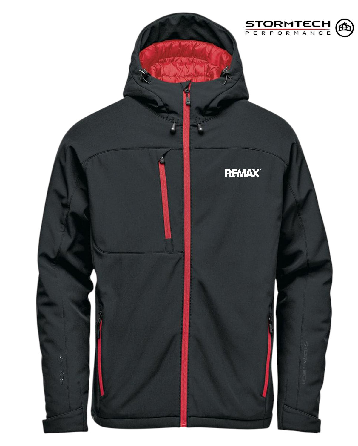 Black jacket with red accents and REMAX branding on a white background