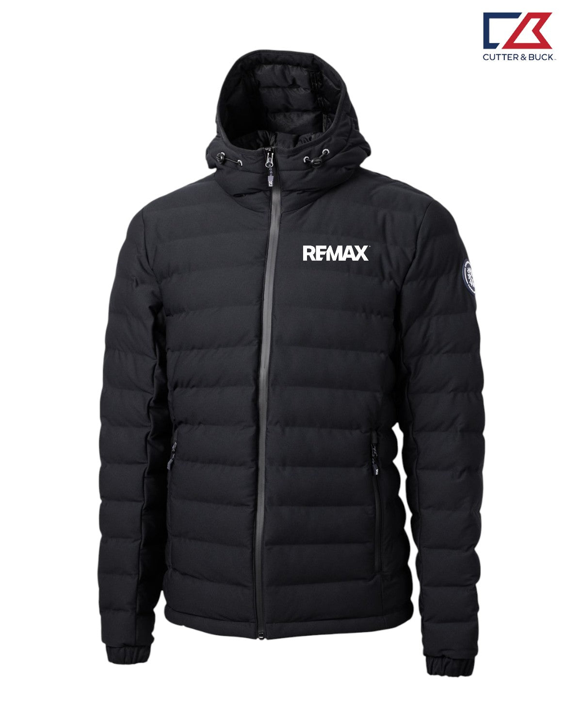 Black puffer jacket with Remax logo on a white background