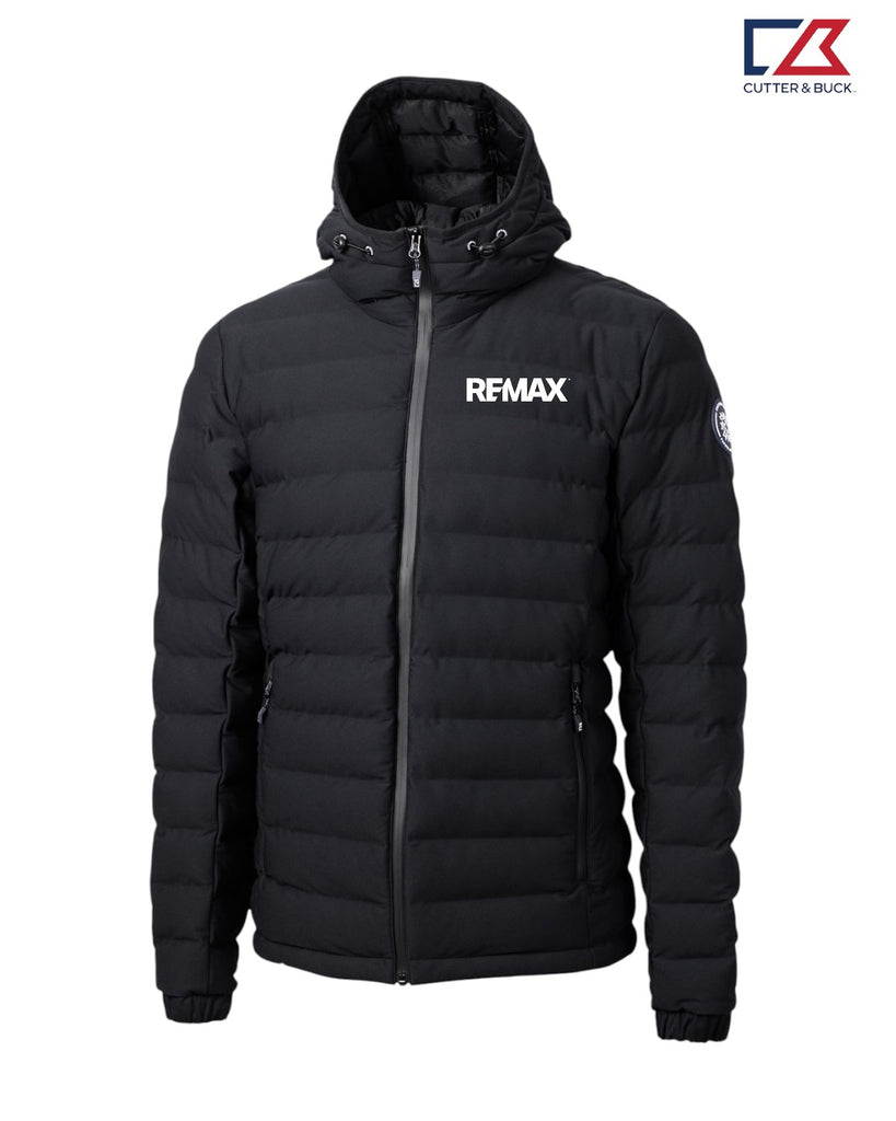 Black puffer jacket with Remax logo on a white background