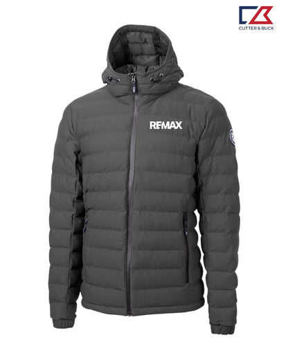 Gray puffer jacket with Remax logo on a white background