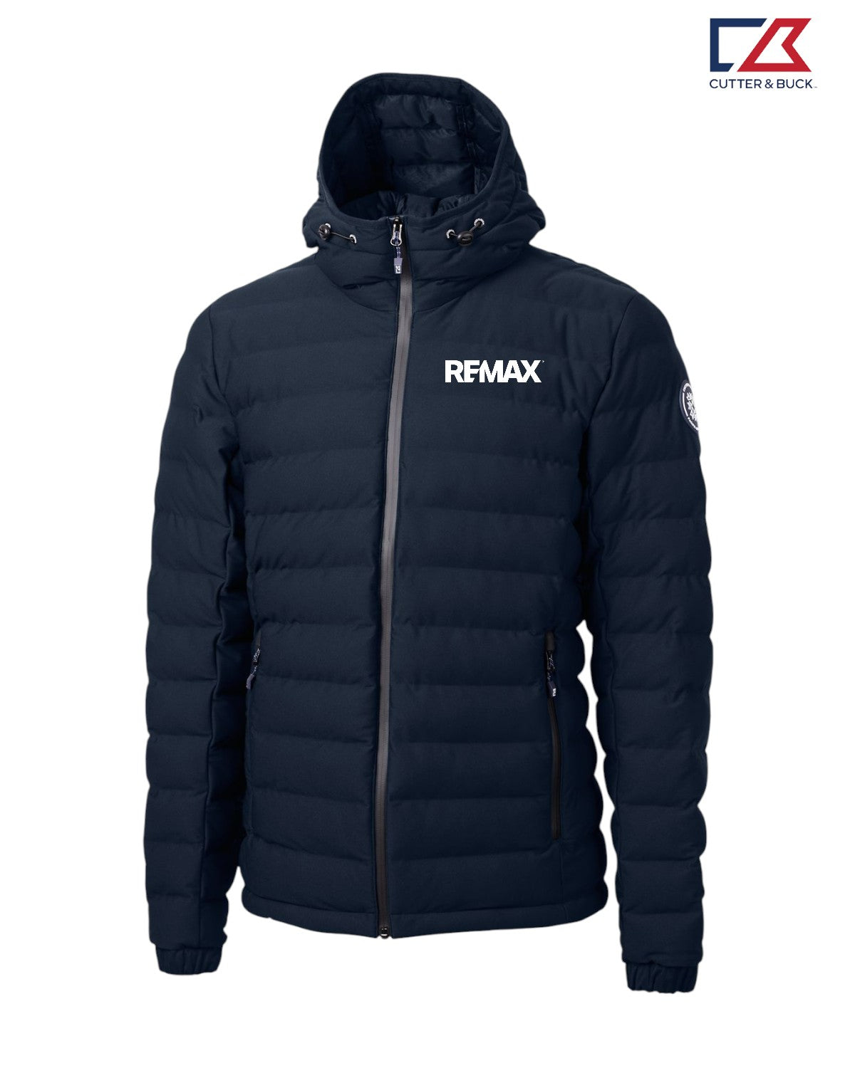 Black puffer jacket with Remax logo on a white background