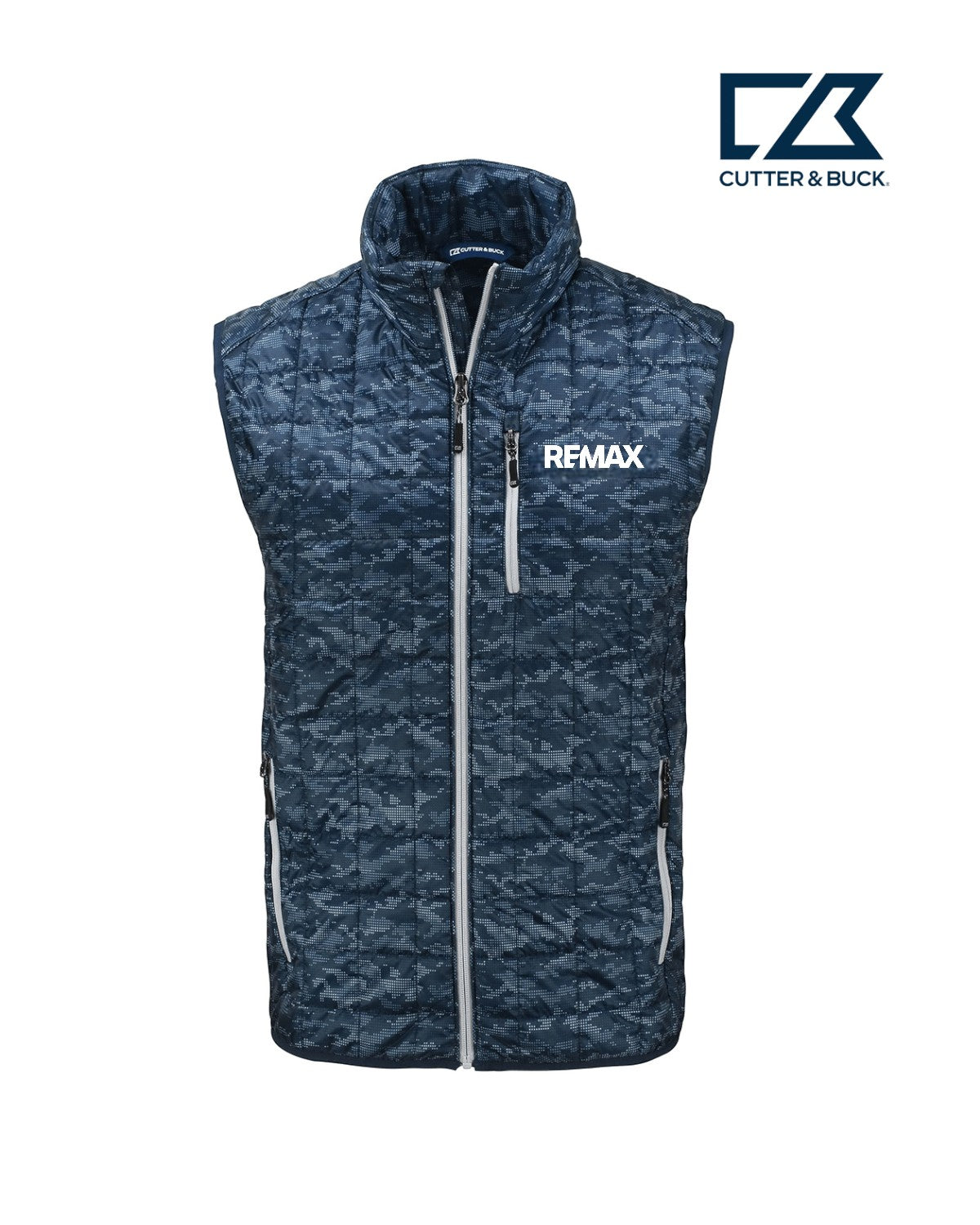 Blue patterned vest with Remax logo on a white background, featuring the Cutter & Buck brand.