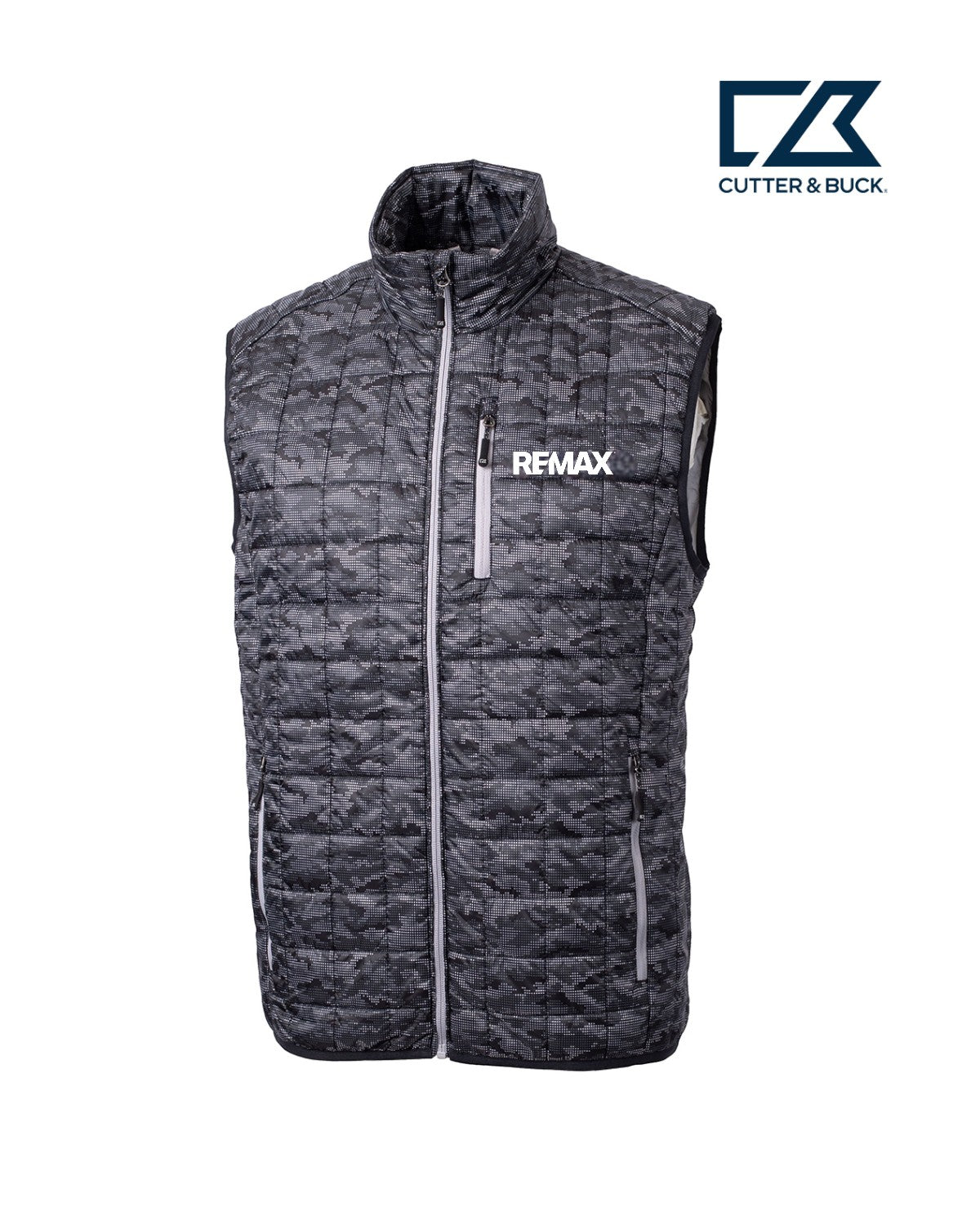 Gray quilted vest with REMAX logo on a white background, featuring the Cutter & Buck logo.