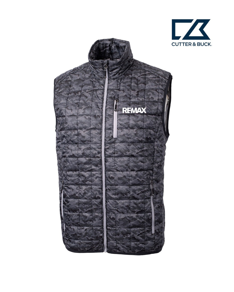Gray quilted vest with REMAX logo on a white background, featuring the Cutter & Buck logo.