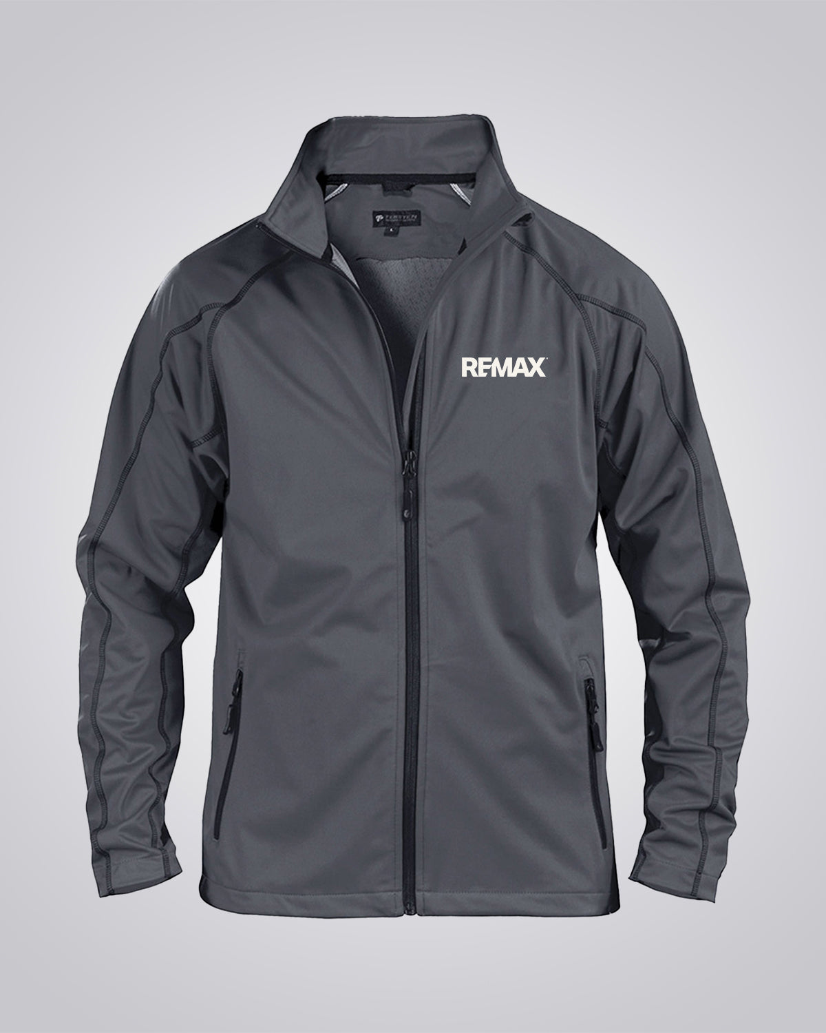 A dark gray zip-up athletic jacket with a stand-up collar, featuring the white REMAX logo on the left chest, displayed on a neutral gray background.