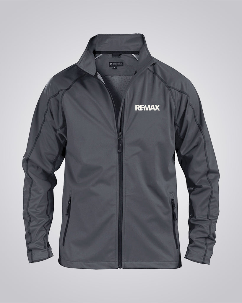 A dark gray zip-up athletic jacket with a stand-up collar, featuring the white REMAX logo on the left chest, displayed on a neutral gray background.