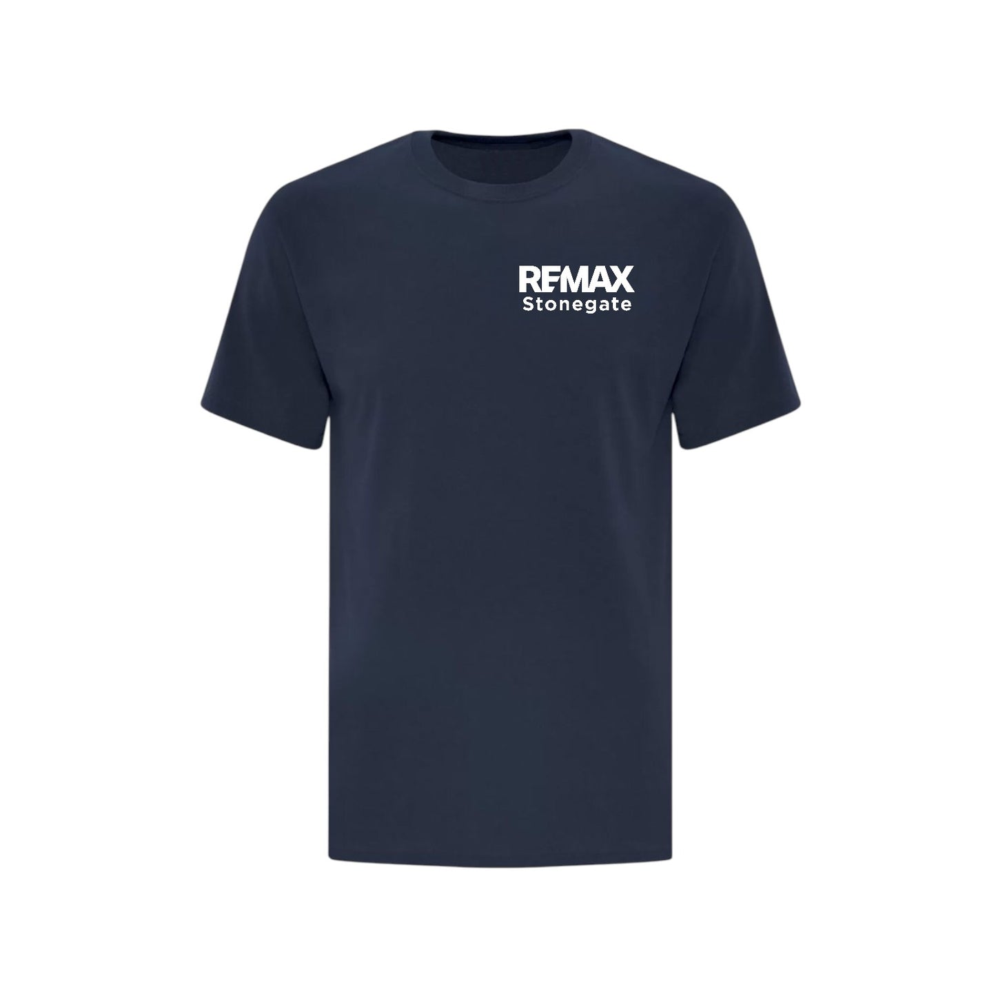 Navy blue t-shirt with 'REMAX Stonegate' logo on a white background