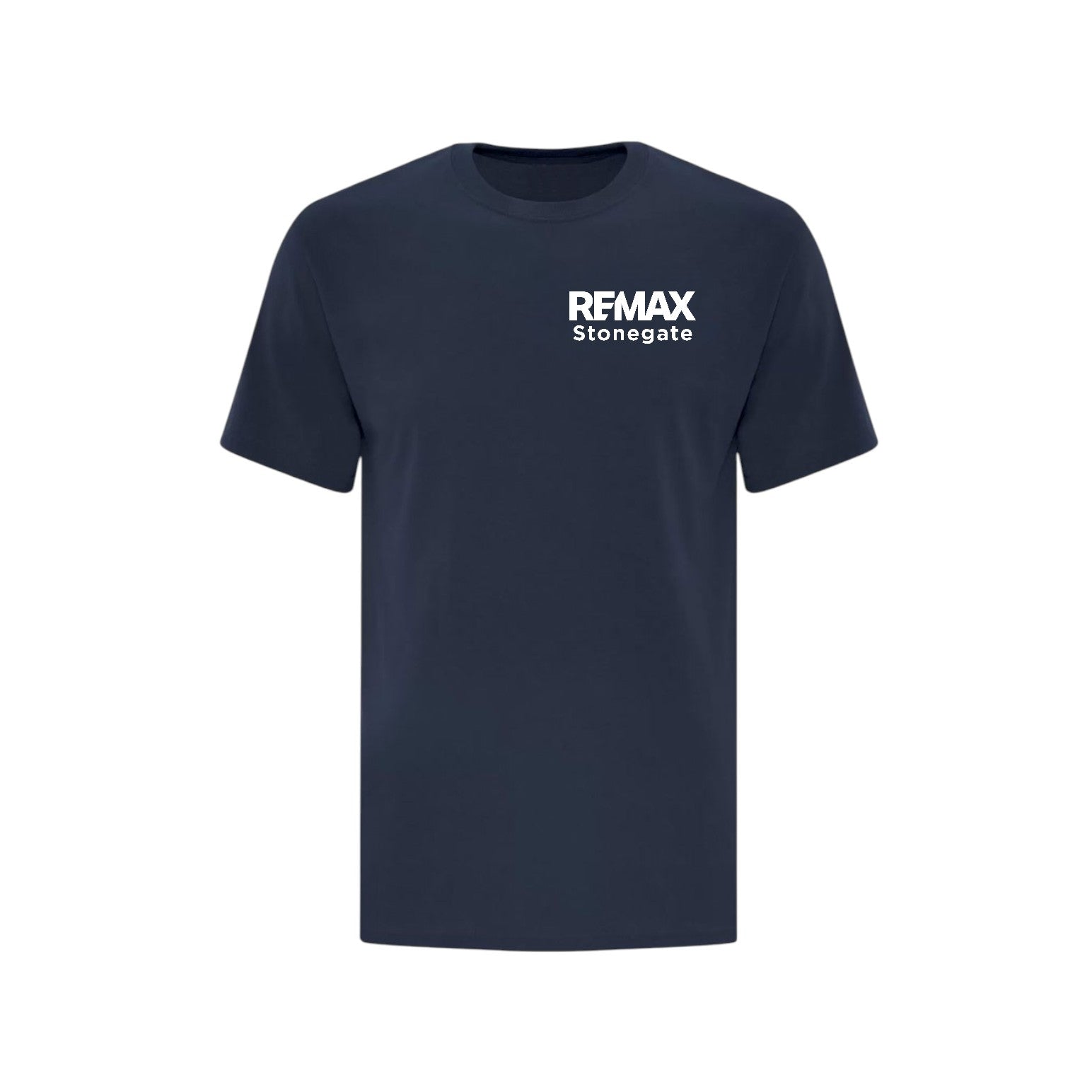 Navy blue t-shirt with 'REMAX Stonegate' logo on a white background