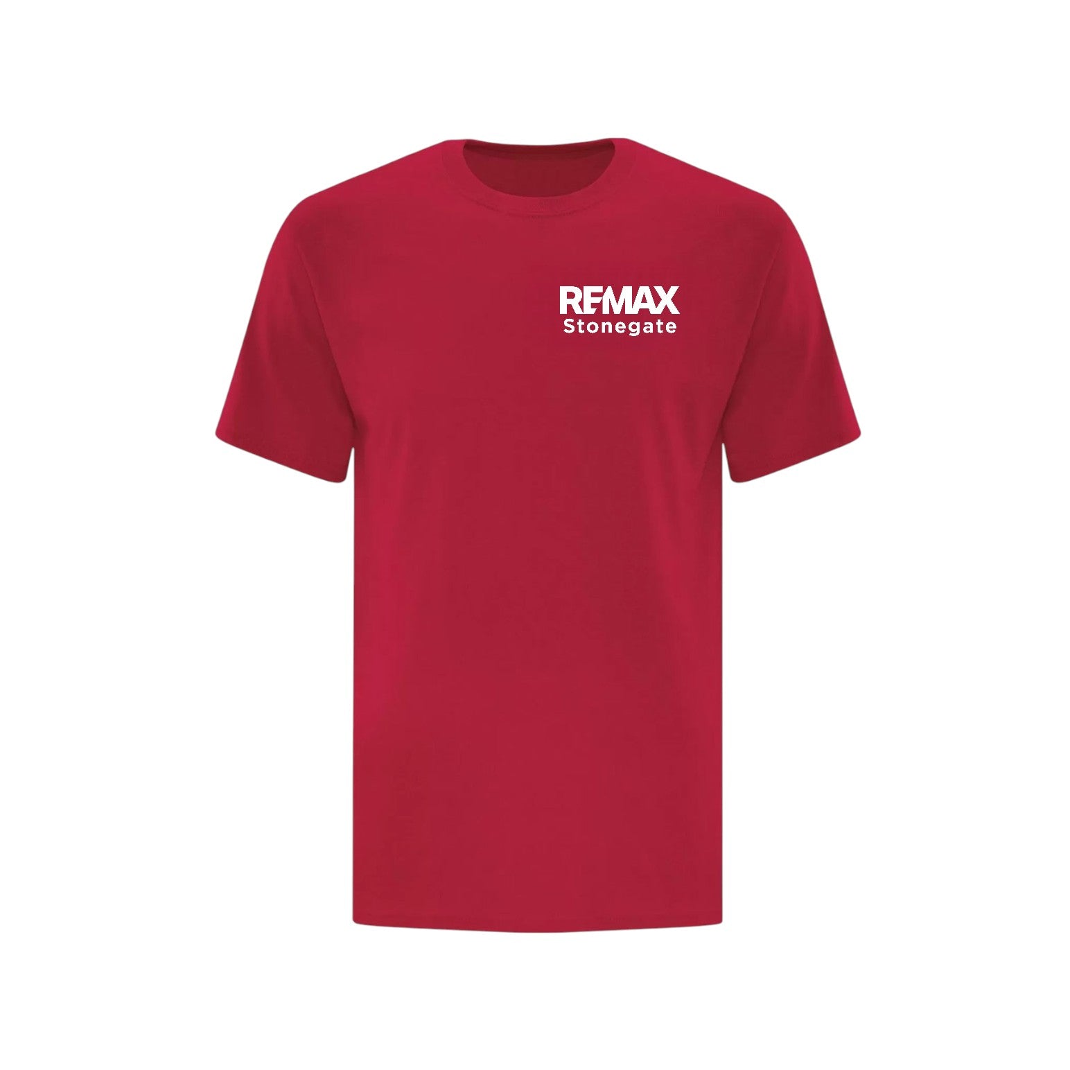 Red t-shirt with 'REMAX Stonegate' logo on a white background