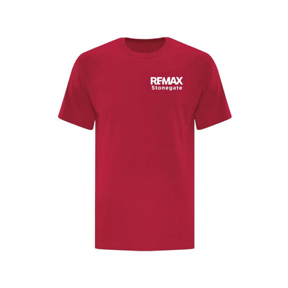 Red t-shirt with 'REMAX Stonegate' logo on a white background