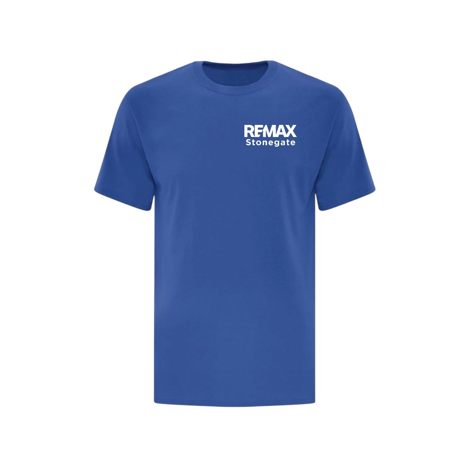 Blue t-shirt with 'REMAX Stonegate' logo on a white background