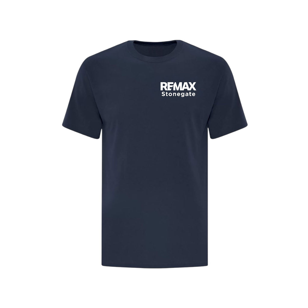 Navy blue t-shirt with 'REMAX Stonegate' logo on a white background