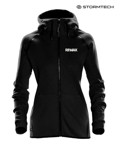 Black jacket with Remax logo on a white background, featuring Stormtech branding.