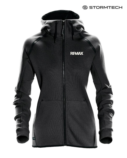 Black jacket with Remax logo on a white background, featuring Stormtech branding.