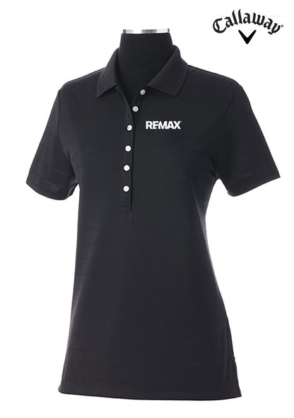 A black short-sleeve polo shirt displayed on a mannequin torso against a white background, featuring the Callaway logo in the top right corner and 'REMAX' printed in white on the left chest.