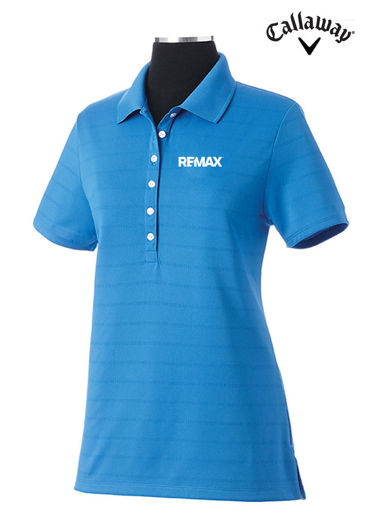 A bright blue short-sleeve polo shirt displayed on a black mannequin torso against a white background, with the Callaway logo in the top right and 'REMAX' printed in white on the left chest.