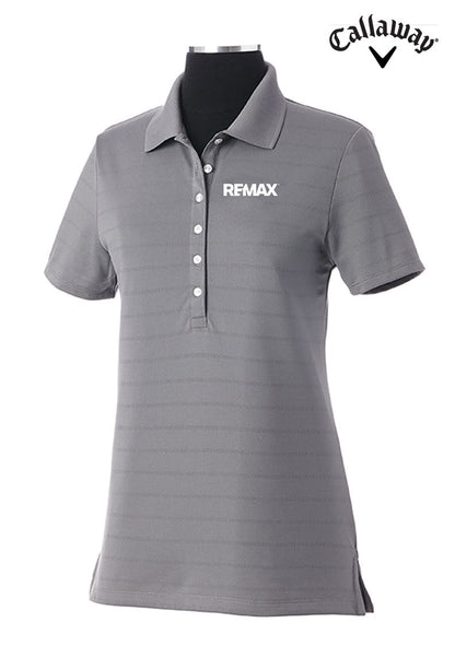 A gray short-sleeve polo shirt displayed on a black mannequin torso against a white background, featuring the Callaway logo in the top right corner and the REMAX logo on the left chest.