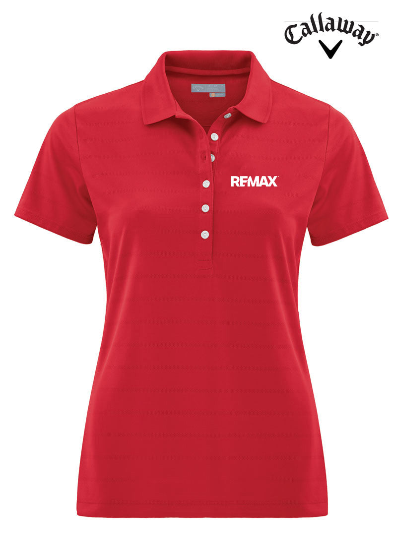 A red short-sleeve polo shirt with a white 'REMAX' logo on the left chest, displayed on a clean white background with the Callaway logo in the top right corner.