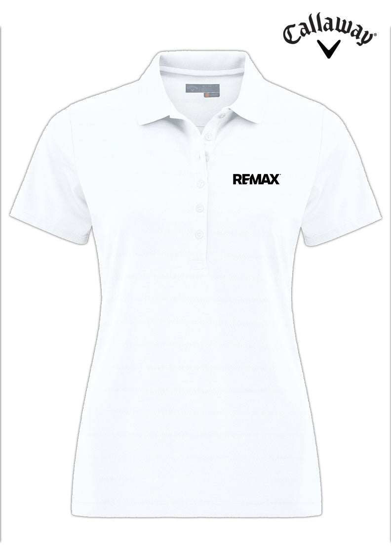 A white short-sleeve polo shirt with a collar and button placket, featuring a black 'REMAX' logo printed on the left chest. The Callaway brand logo is visible in the top right corner.